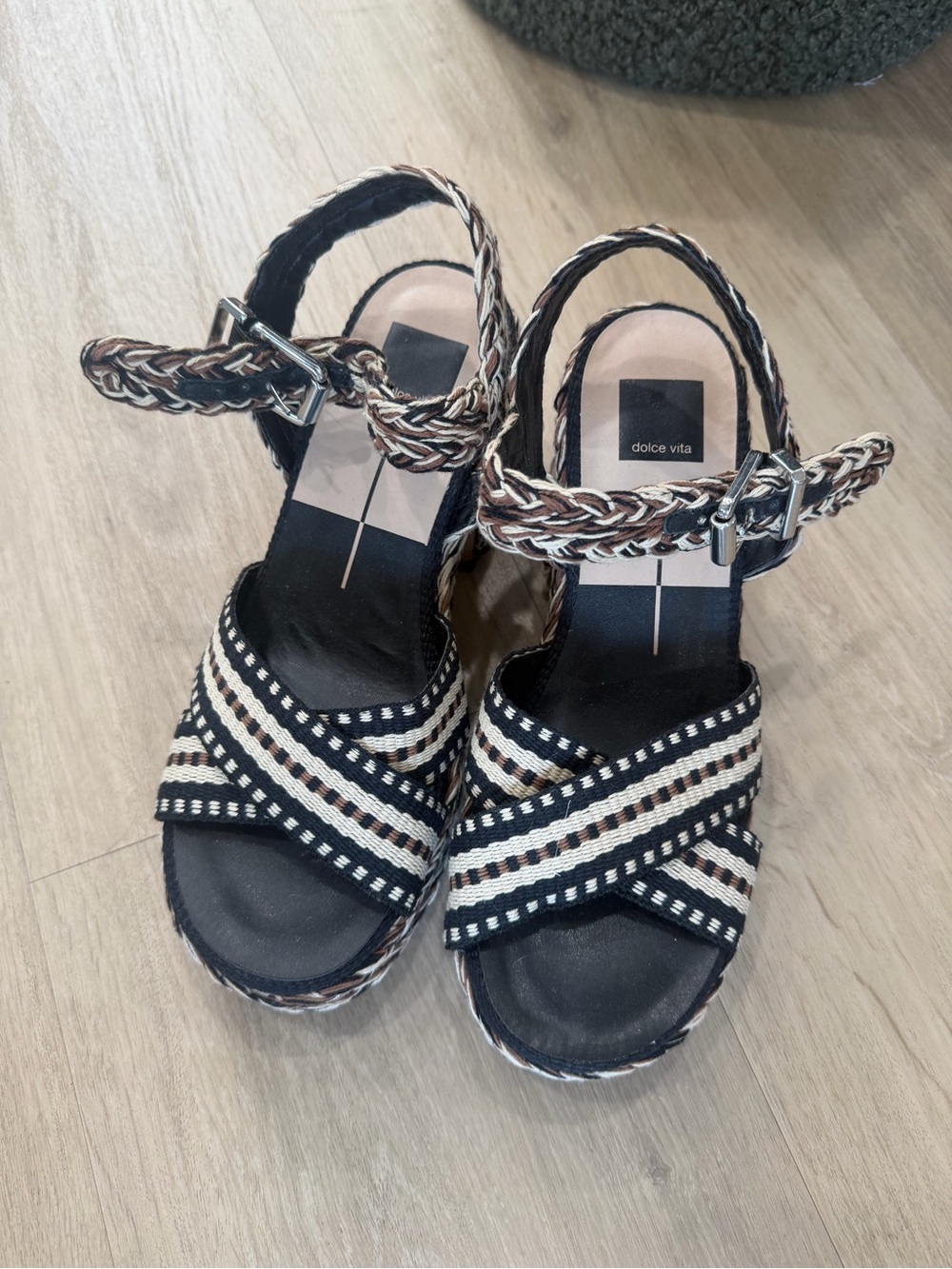 Dolce Vita Black, Cream & Brown Braided Wedge Sandals